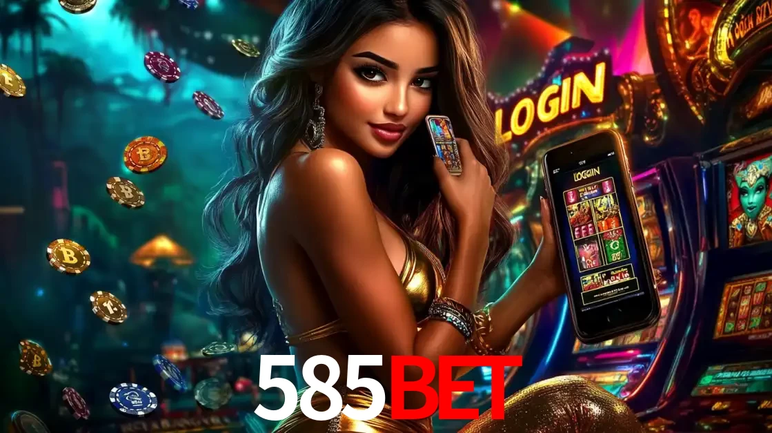 Mulher em um cenário de cassino temático de aventura, mostrando o app de caça-níqueis da 585BET no celular. Fichas de apostas flutuam ao redor.