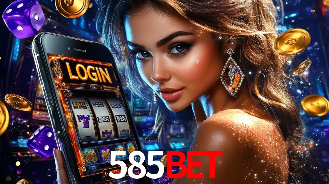 Mulher glamorosa segurando um smartphone com a tela de login para os jogos de caça-níqueis do cassino online 585BET, com moedas de ouro e dados ao redor.