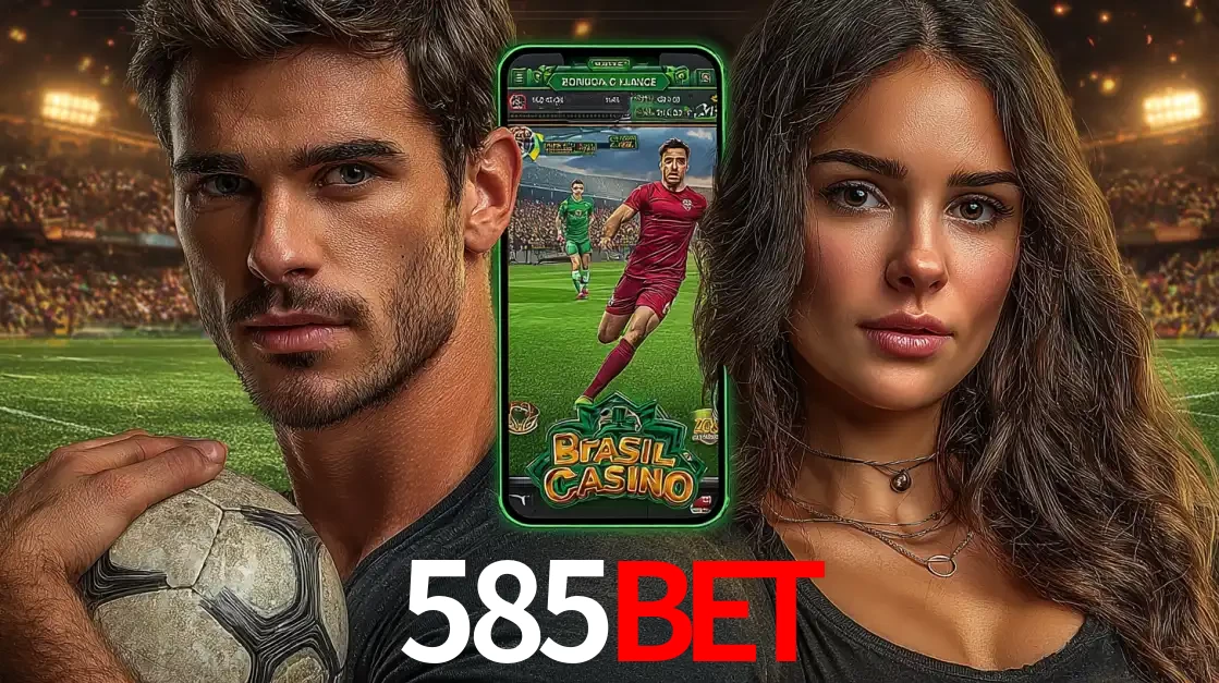 Homem segurando uma bola de futebol e uma mulher ao lado de um smartphone exibindo o jogo de apostas esportivas da 585BET. Faça seu palpite no cassino online.